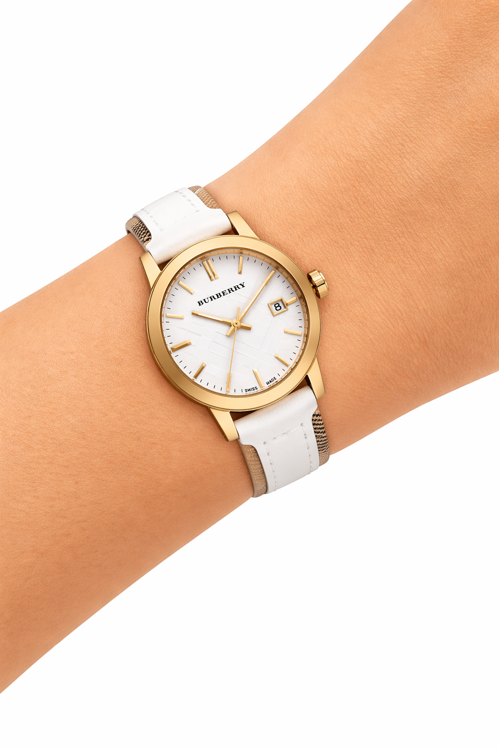Burberry 34mm Ladies Gold/White Leather