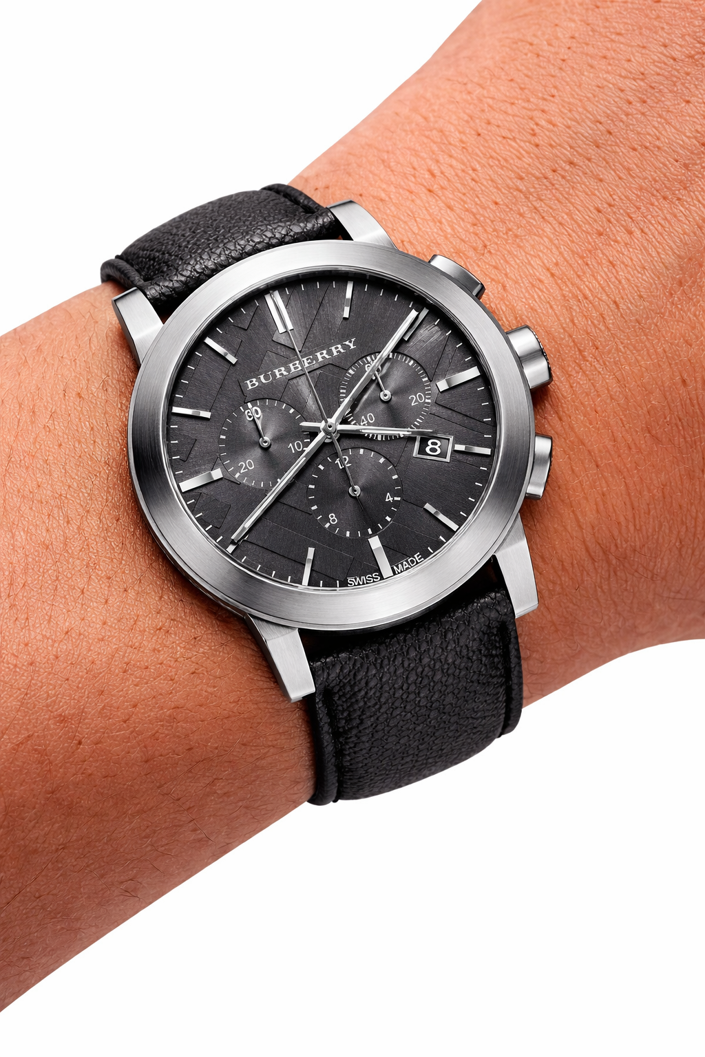 Burberry 42mm Men's Chronograph Leather Silver/Black