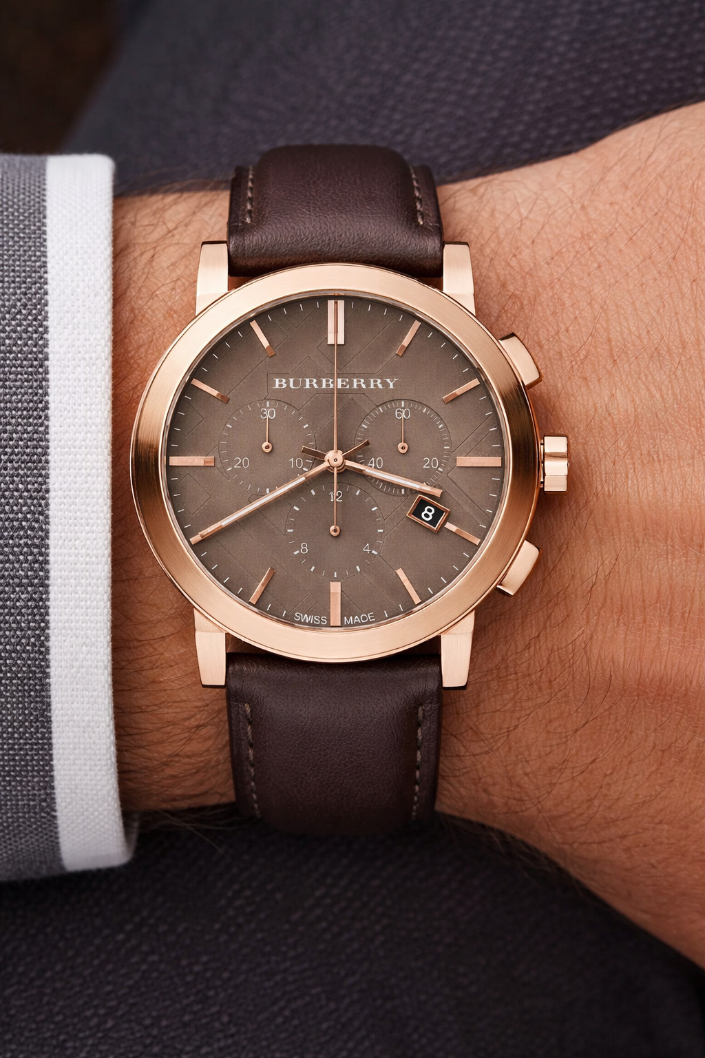 Burberry 38mm Men's The City Chocolate Leather Rose Gold